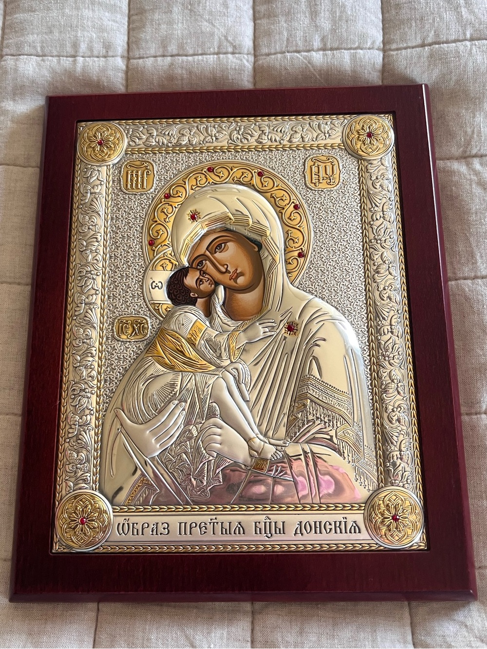 Greek Virgin Mary and Jesus 8x10 Icon Silver, Gold Leaf and Gem on Cherry Wood